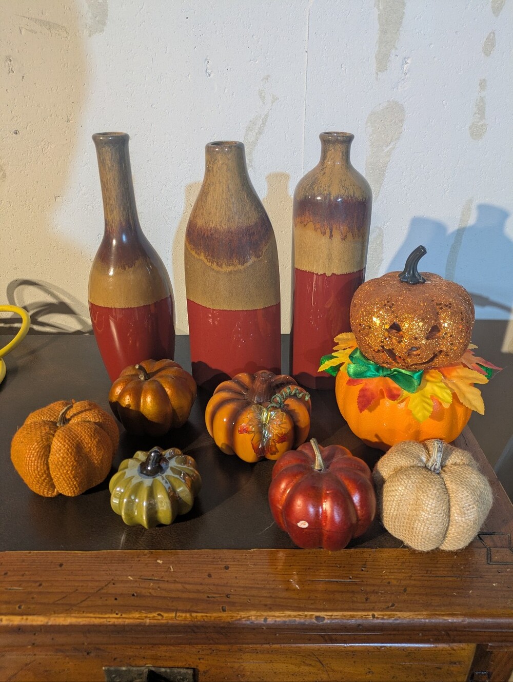 Kirklands Red and Brown Ceramic Bottle Vases with Pumpkin Accents And Scarecrows